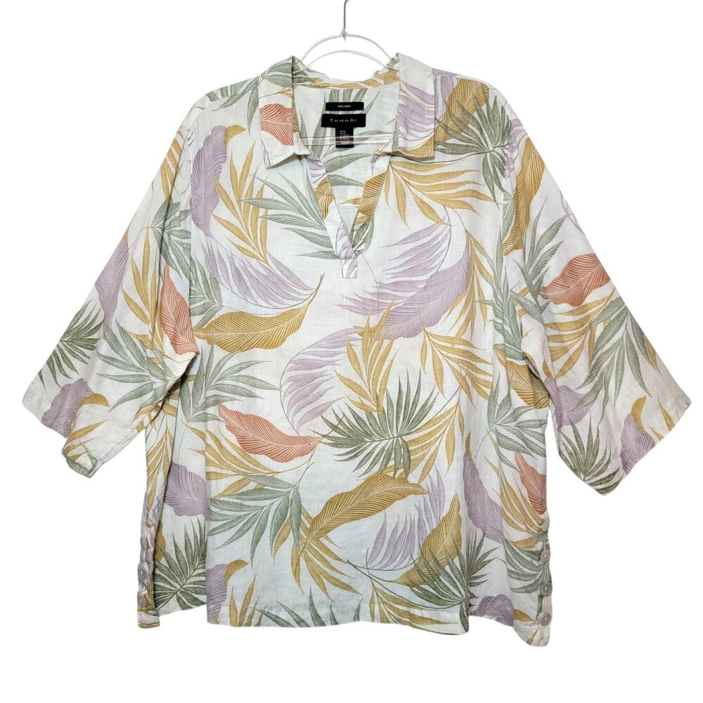 Tahari Linen Tropical Leaf Tunic Top Collared V Neck Multi 3/4 Sleeve Relaxed 3X